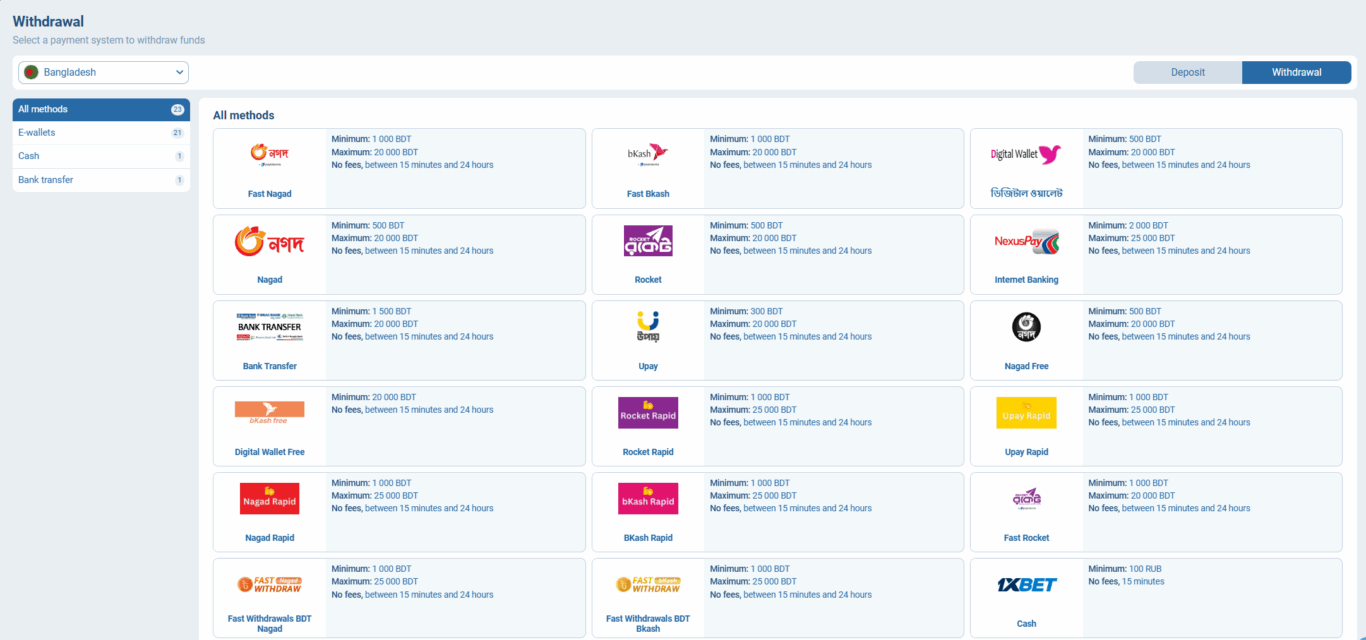 1xbet withdrawal methods